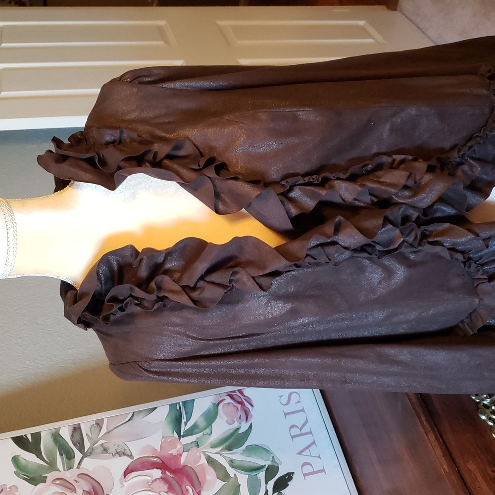 Elegant Brown Ruffled Women's Jacket - Picture 3 of 8